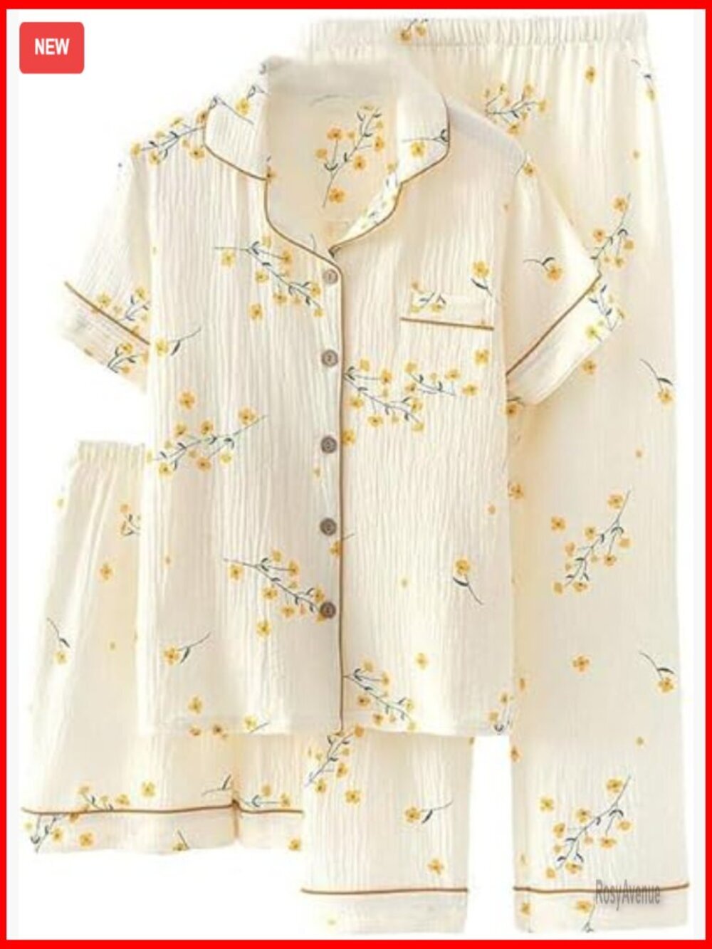3 Piece Cotton Pajama Set Short Sleeve Sleepwear with Pants